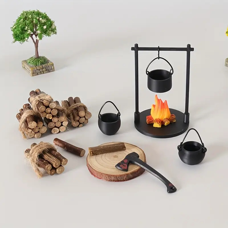 Kids Outdoor Swing Set - Mini Campfire Hanging Stove Pot Dollhouse